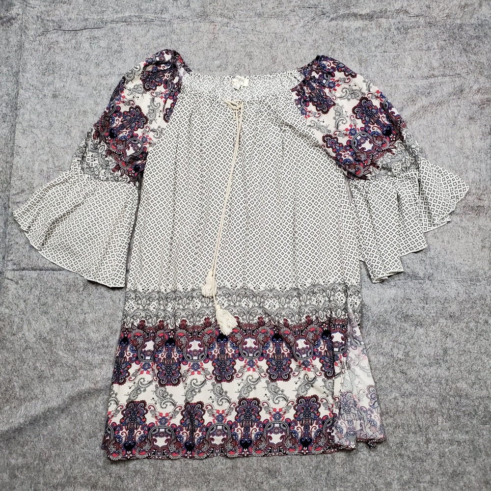 Umgee Top Womens Large Tunic Boho Bell Sleeve Paisley Floral Tassel Flowy Hippie